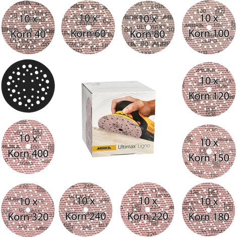 Mirka Ultimax Ligno Klettschleifscheiben Ø 125 mm, Mix-Pack 40/60/80/120/150/180/240/320/400, 91 Stk inkl. Pad Saver (1/5)