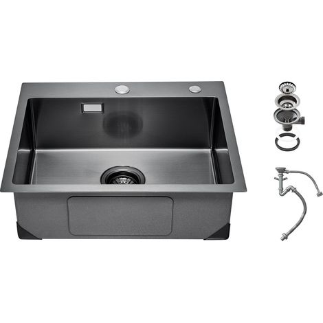 Évier de cuisine 55 cm à poser, acier inoxydable 304, cuve unique style ferme, noir, lave-vaisselle, camping-car et bar (1/5)