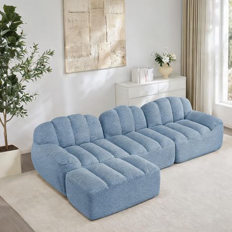 Canapé modulaire d'angle bleu 3 places avec ottoman en tissu (1/5)