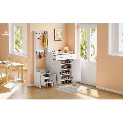 Meuble vestiaire blanc en panneaux de particules et MDF avec 2 tiroirs, 2 portes, 6 étagères et 8 crochets pour couloir et entrée (1/5)