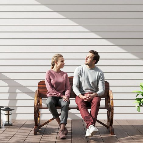Banco de jardín de 2 plazas con reposabrazos con ruedas, banco rústico para exteriores, ideal para patio o terraza, de madera de abeto, color marrón.
