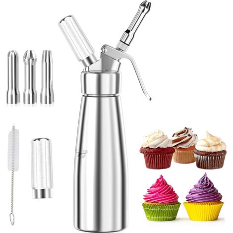Cream Siphon 500 ml, 3 Stainless Steel Nozzles and Cleaning Brush, Reusable Cartridge for Desserts Cakes Mousse (1/5)