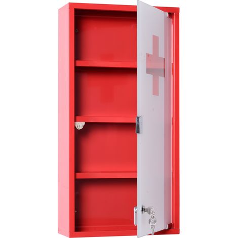 Armoire à Pharmacie 3 étagères 4 Niveaux verrouillable Porte Verre trempé dépoli Logo Croix 30L x 12l x 60H cm Acier Rouge (1/5)
