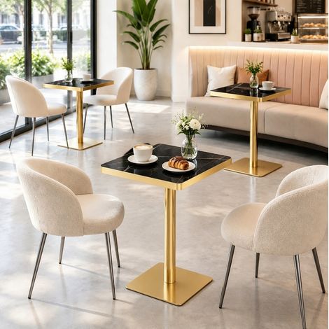Mesa de comedor cuadrada (60x60x74 cm), efecto mármol, borde dorado, estructura de metal, negra (1/5)