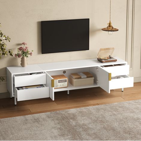 Mueble TV bajo blanco de 180 cm con 4 cajones, puertas acanaladas y patas de metal, OKWISH (1/5)