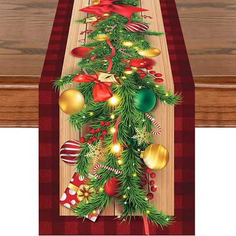 Chemin de table de Noël, nappe longue festive, imprimé style Noël, idéale pour la maison, la salle à manger, le salon, la table à manger et la table basse - 180 x 30 cm (polyester) - 22