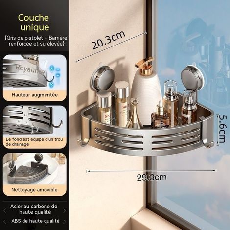 Étagère d’angle pour salle de bain en acier carbone gris arme, fixation par ventouse sans perçage, modèle simple couche sans barre avec 2 crochets (1/4)