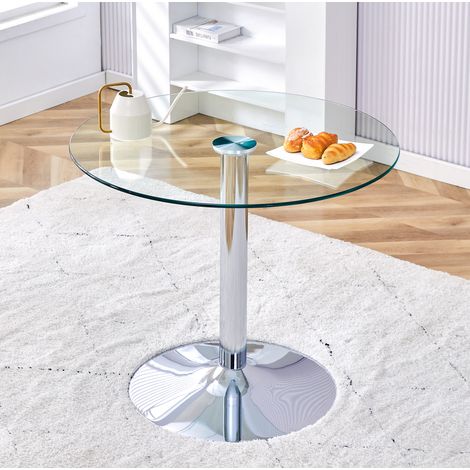 Mesa alta redonda de cristal 85 cm H76 cm, base metálica plateada, diseño minimalista para salón o cafetería (1/5)