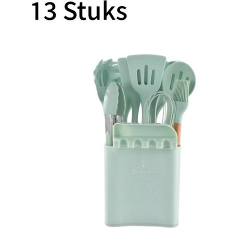 Ensemble de 13 ustensiles de cuisine en silicone avec manches en bois de hêtre résistant à la chaleur sans odeur et doux pour les poêles avec récipient de rangement couleur vert clair (1/5)