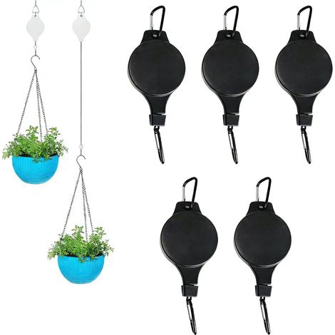 Lot de 5 poulies rétractables pour plantes – Hauteur réglable pour suspendre des pots de fleurs, des paniers et des mangeoires à oiseaux (5 pièces, noir) (1/5)