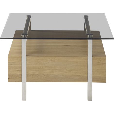Table basse coloris chêne en verre / bois - Longueur 80 x hauteur 45 x profondeur 80 cm -PEGANE- (1/4)