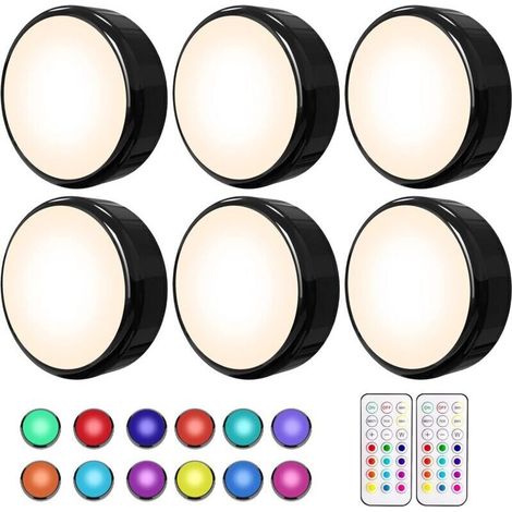 Lot de 6 éclairages LED sous meuble à intensité variable - LED pour cuisine - LED Multicolore à piles - Éclairage de vitrine avec télécommande et fonction minuterie - Noir