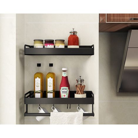 Porte-Tout de Cuisine GROOFOO en Aluminium/Acier Inoxydable Sans Perçage - 40CM - Porte-Épices à Double Combinaison- Noir (Ustensiles non Inclus) (1/5)