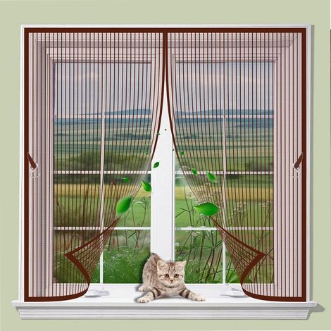 Moustiquaire Porte Fenetre 122 x 133 cm Aimants Puissants Fermeture Automatique Rideaux Anti Mouche Insectes, Sans Poinçon Pou Aimantée Moustiquaire, avec Bande Adhesive, pour Fenêtres/Portes, Marron