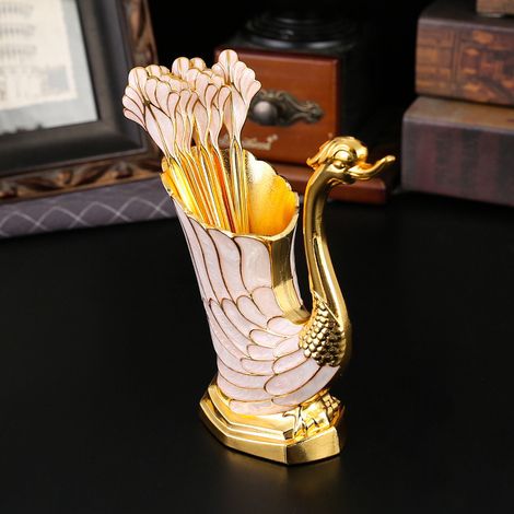 (Blanc argenté + Fourchette) Porte-cuillère cygne de luxe serti de diamants, style européen (1/5)