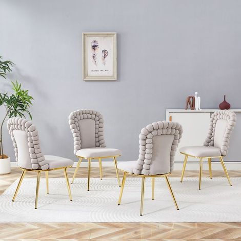 Chaise de Salle à Manger velours gris clair lot de 2 pièces dossier à chaîne de billes pieds en métal doré style élégant (1/5)