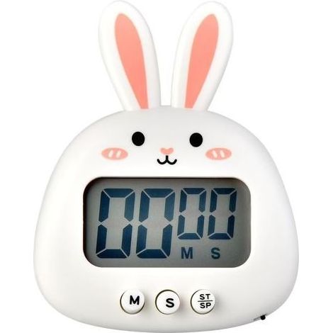 Joli minuteur de cuisine en forme de lapin - Grand écran - Numérique - Chronomètre magnétique avec horloge, compte à rebours - Mini minuterie de cuisson (sans batterie) - Blanc (1/3)