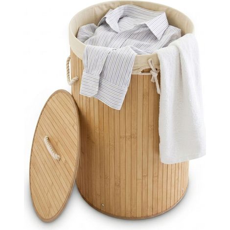 2 Cestos Ropa Sucia con Tapa, Redondo, Cubo Colada, Canasta Plegable, Bambú, 70 L, Ø 41 cm, Marrón natural