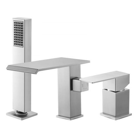Grifo para Bañera Romana de 3 Orificios, con Ducha de Mano y 1 Manija, de Acero Inoxidable Cepillado, de Alto Caudal y con 2 Opciones de Caudal, para Montaje en Techo, 220 x 190 x 98 mm (1/5)