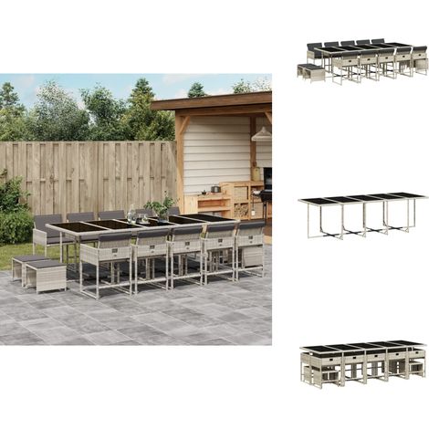 15-tlg. Garten-Essgruppe mit Kissen Hellgrau Poly Rattan - Gartenmöbel Set - Gartentisch - Gartenstühle - Gartenhocker - Rattan Möbel (1/5)