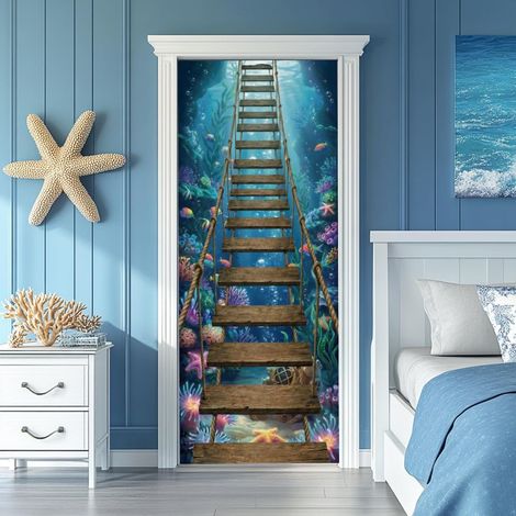 2 Pcs 3D autocollant porte, 31,5 "x78,7" Ocean World porte en bois porte décorations porte peintures murales autocollants PVC amovible fond d'écran décoration pour chambres Salle de séjour (1/5)