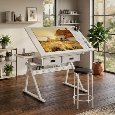 Tavolo da disegno regolabile 98x60x68-91 cm in MDF e metallo bianco con sgabello – MEUBLIV (1/5)