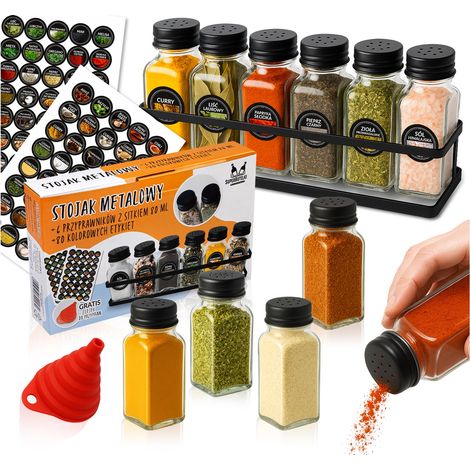 Schwarzer Metallständer + 6 Gläser à 80 ml mit schwarzem Schraubverschluss (Sieb) + 80 Etiketten + Trichter