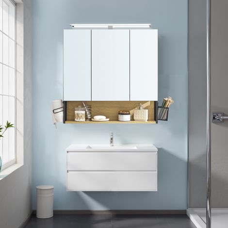 Meuble de Salle de Bain avec Éclairage LED, avec Prise, Porte Sèche-cheveux, Grand Espace, Couleur Chêne Naturel (1/5)