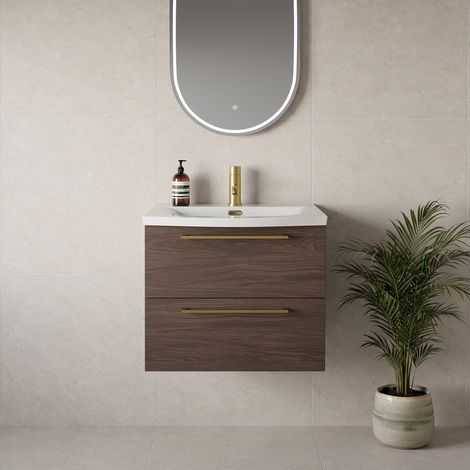 Napoli 390 Brown Oak 600mm Wall Mounted 2 Drawer Vanity Unit with Arc Basin - 600mm - Brushed Brass 320mm Handle