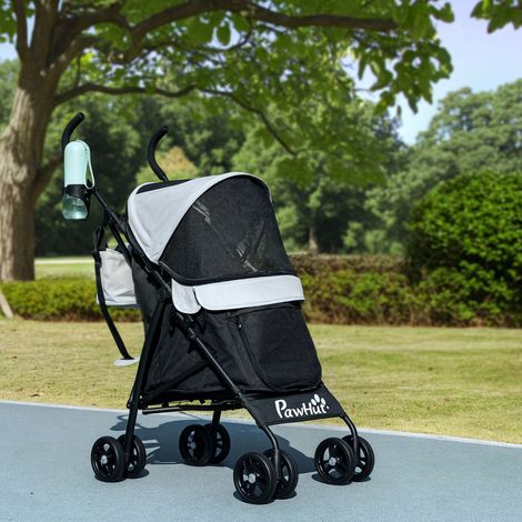 Poussette pour chien à 4 roues, en forme de parapluie, légère et pliable, avec sac de rangement, capacité de charge de 4 kg, gris clair (1/5)