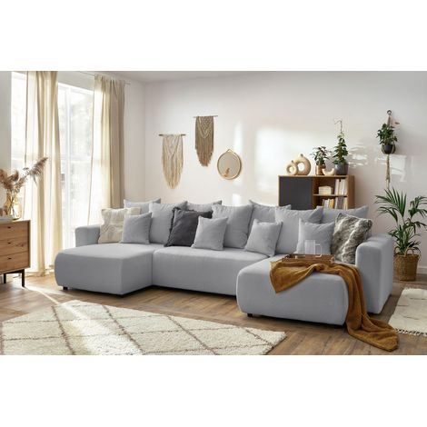 BOBOCHIC - Canapé panoramique convertible coffre ENVY tissu bouclette Panoramique Gris clair (1/5)