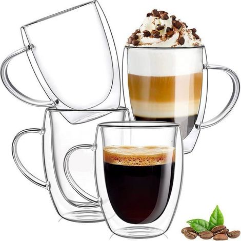 Lot de 4 tasses café verre double paroi 320 ml – Résistant chaleur – Lait, cappuccino (1/5)