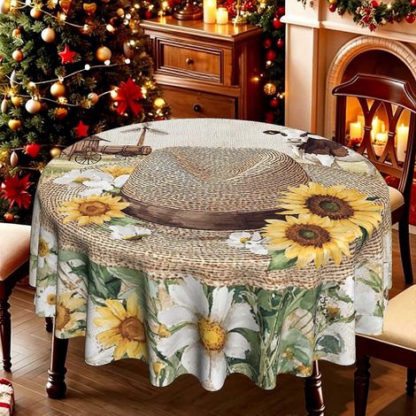 Nappe ronde à motif tournesol et marguerites, 1 pièce, style champêtre, résistante et infroissable, idéale pour tous les jours. (1/4)