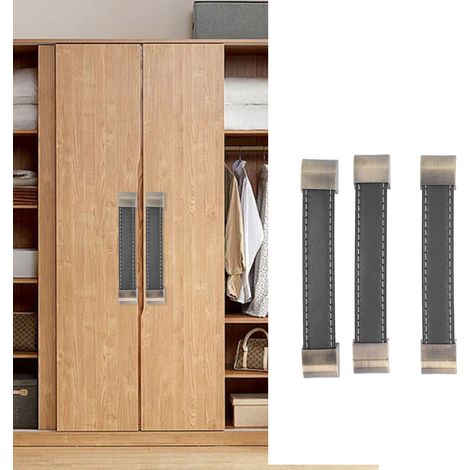 Set aus 3 Leder-Schranktürgriffen im Antik-Stil, für Schubladen, Koffer oder Weinkisten, schwarz. (1/5)