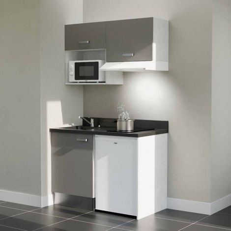 Kitchenette K02L - 120 cm - plan monobloc évier intégré Nero- évier à gauche - Façades Gris + Electroménager inclus coloris Blanc