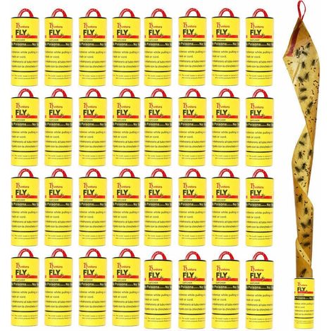 Pack of 32 sticky fly strips for indoor/outdoor use. Fly repellent tape. Fly trap for fruit flies, insects, pests, and mosquitoes. (1/5)