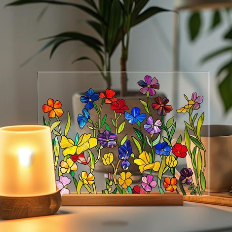 Décor Murale Fleurie - En Acrylique Imitation Verre Coloré - Pour Intérieur Salon Chambre Bureau - 1 Pièce (1/5)