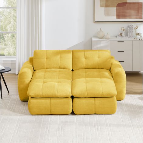 Divano modulare 2 posti in ciniglia, senza struttura, con 2 pouf, giallo DESVIAE (1/5)
