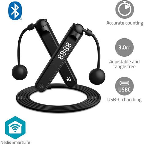 Nedis SmartLife Springseil / Bluetooth® / Dualer Hall-Sensor / LED / PVC / 3.00 m / Akku-Bälle / Beutel mit Kordelzug / Schwarz