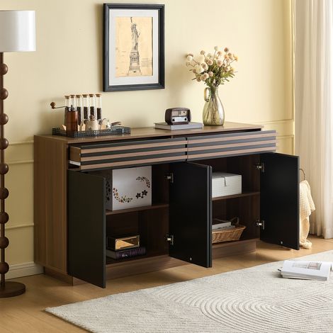 REDOM Buffet 150x40x85 cm, 2 tiroirs et 4 portes, étagères réglables, MDF noir et brun