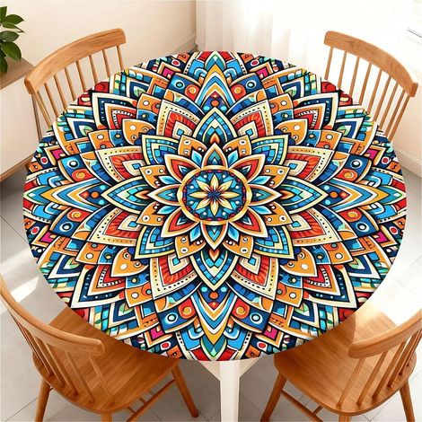 Nappe lavable ronde 90cm, imperméable, élastique, Mandala floral