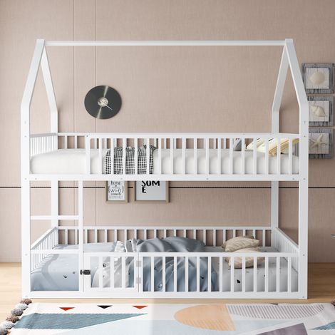 Lit superposé cabane 140x200 cm, 2 places, lit enfant avec sommier à lattes, barrière de sécurité, escalier, bois massif, design moderne, Blanc (1/5)