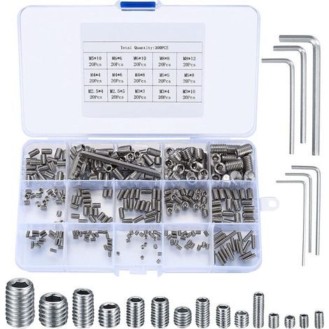 Kit de 300 vis sans tête hexagonales M2.5/M3/M4/M5/M6/M8 – Acier allié résistant à la corrosion – Avec 5 clés Allen – Pour poignées de porte (1/5)