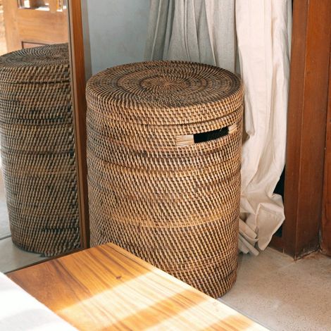 Panier à Linge avec Couvercle Corbeille Ronde en Rotin Tressé Bohème Marron 36/40 cm - PANGIVO