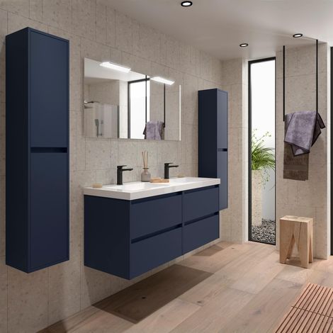 Meubles de salle de bains NOJA 1400 4 tiroirs BLUE SATIN + plan vasque + miroir (1/3)