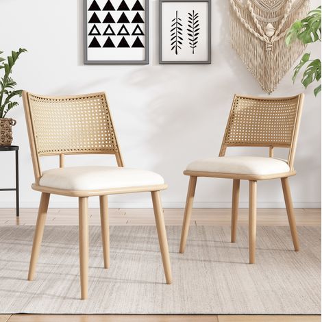 Sillas de comedor, lote de 2, asiento PU y respaldo de ratán beige DESVIAE (1/5)