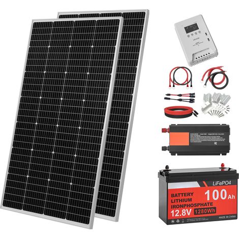 Mophorn Kit solaire autonome 400 W 12 V avec 2 panneaux solaires monocristallins de 200 W, batterie LiFePO₄ 12,8 V 50 Ah, contrôleur de charge MPPT 40 A et onduleur 1000 W, idéal pour camping-cars (1/5)
