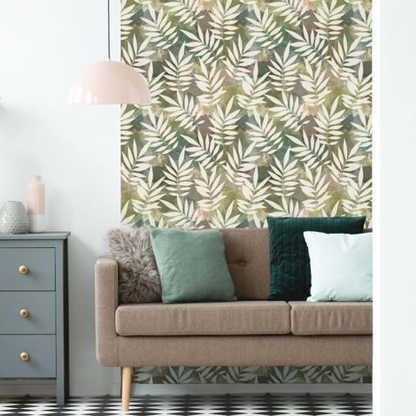 Papier peint intissé pré-encollé - TROPICAL NUANCES DE VERT ET FEUILLES BEIGES - 1 rouleau de 300x60cm (1/5)