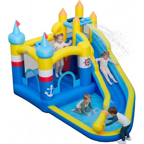 Costway – Chateau gonflable aquatique 431x290x259cm – Pour 3-12 ans – Bassin à éclaboussures et canon à eau – Mur d’escalade et cerceau de basket