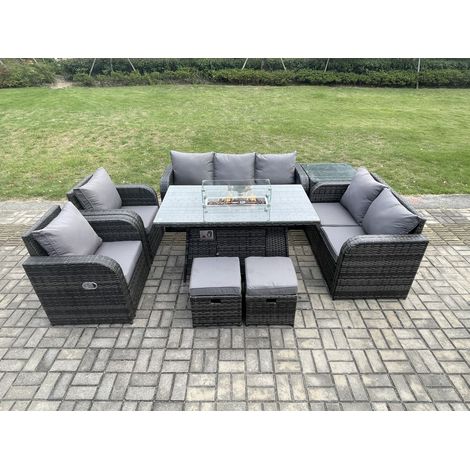 Fimous 9 places Salon de jardin exterieur Table de foyer à gaz et Canapé Fauteuil avec Table d'appoint 2 Petits tabourets (1/5)